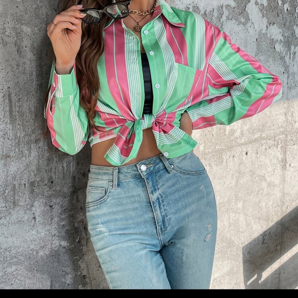 Oversized-Striped Drop Shoulder Button Up Blouse - image 1